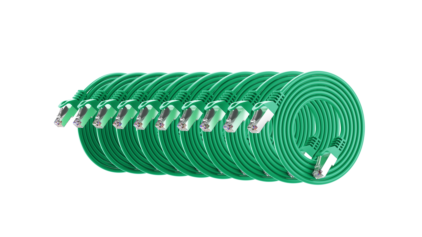 Cat6a Slim Shielded Patch Cable, 30AWG, 10G, Pure Bare Copper, Snagless RJ45, Flex Series Ethernet Cable Green Pack of 10
