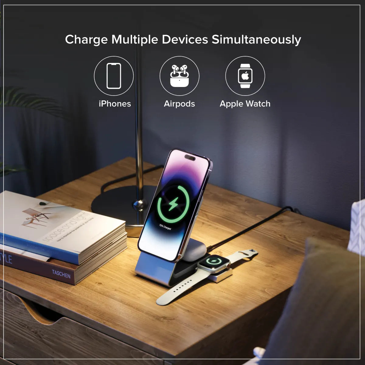 Matrix+ 3-in-1 Magnetic Charging Dock with Apple Watch Charger for iPhone 16-12 , Apple Watch, Airpods , Charging Station for Apple Devices with 5000mAH Wireless Power Bank & 30W Multi Country Power Adapter.