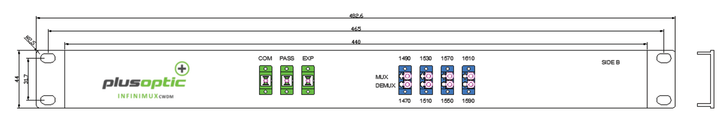PlusOptic 8 Channel (1470,1490,1510,1530,1550,1570,1590,1610nm) Single Core SCA CWDM Mux / Demux 1RU 19" chassis with SCA 1310nm Pass Through Port and 4 x LC Duplex ports - Side B. MD-8CH-1RU-CWDM-1310-LCSX-B