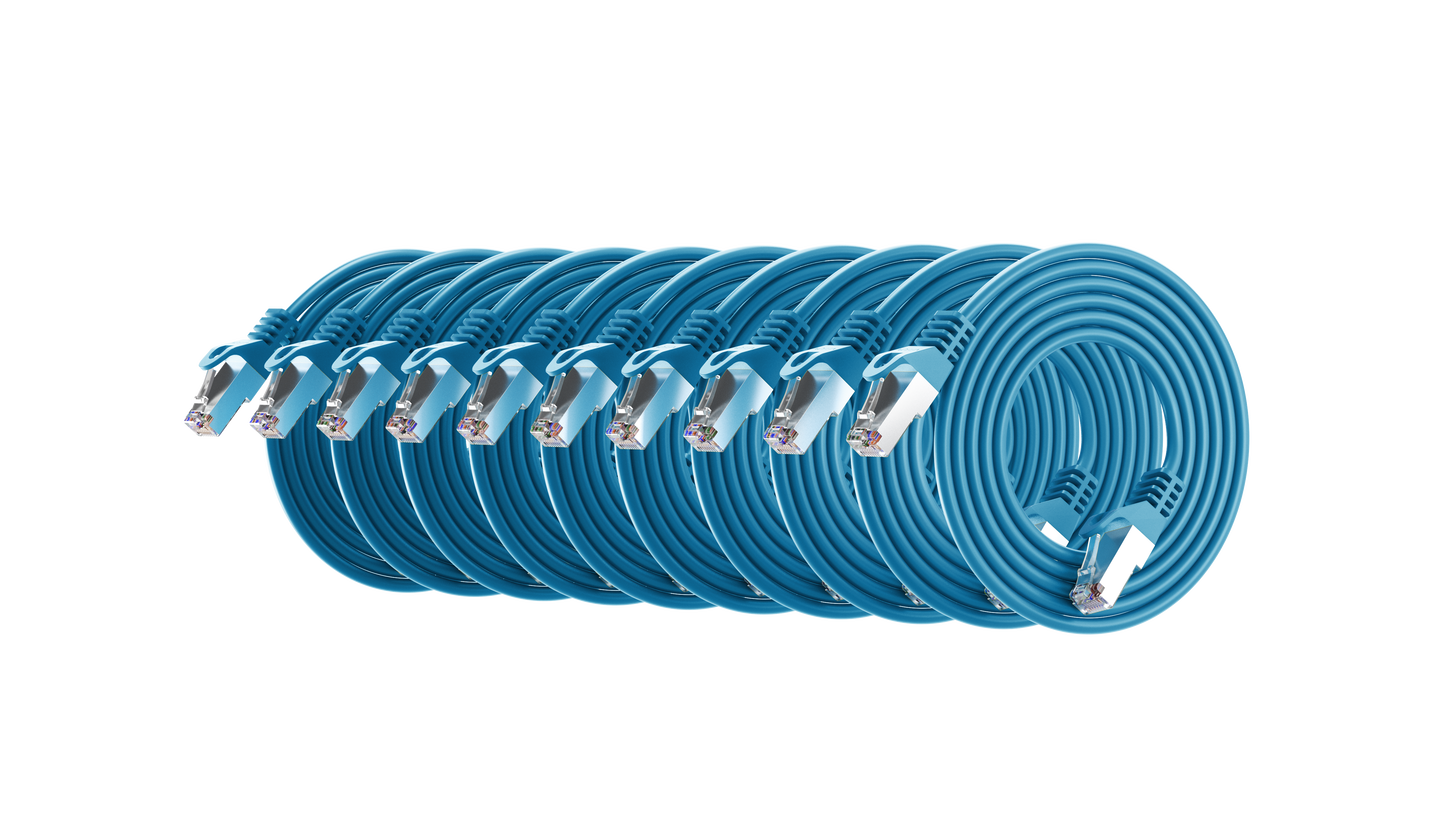 Cat6a Slim Shielded Patch Cable, 30AWG, 10G, Pure Bare Copper, Snagless RJ45, Flex Series Ethernet Cable Blue Pack of 10