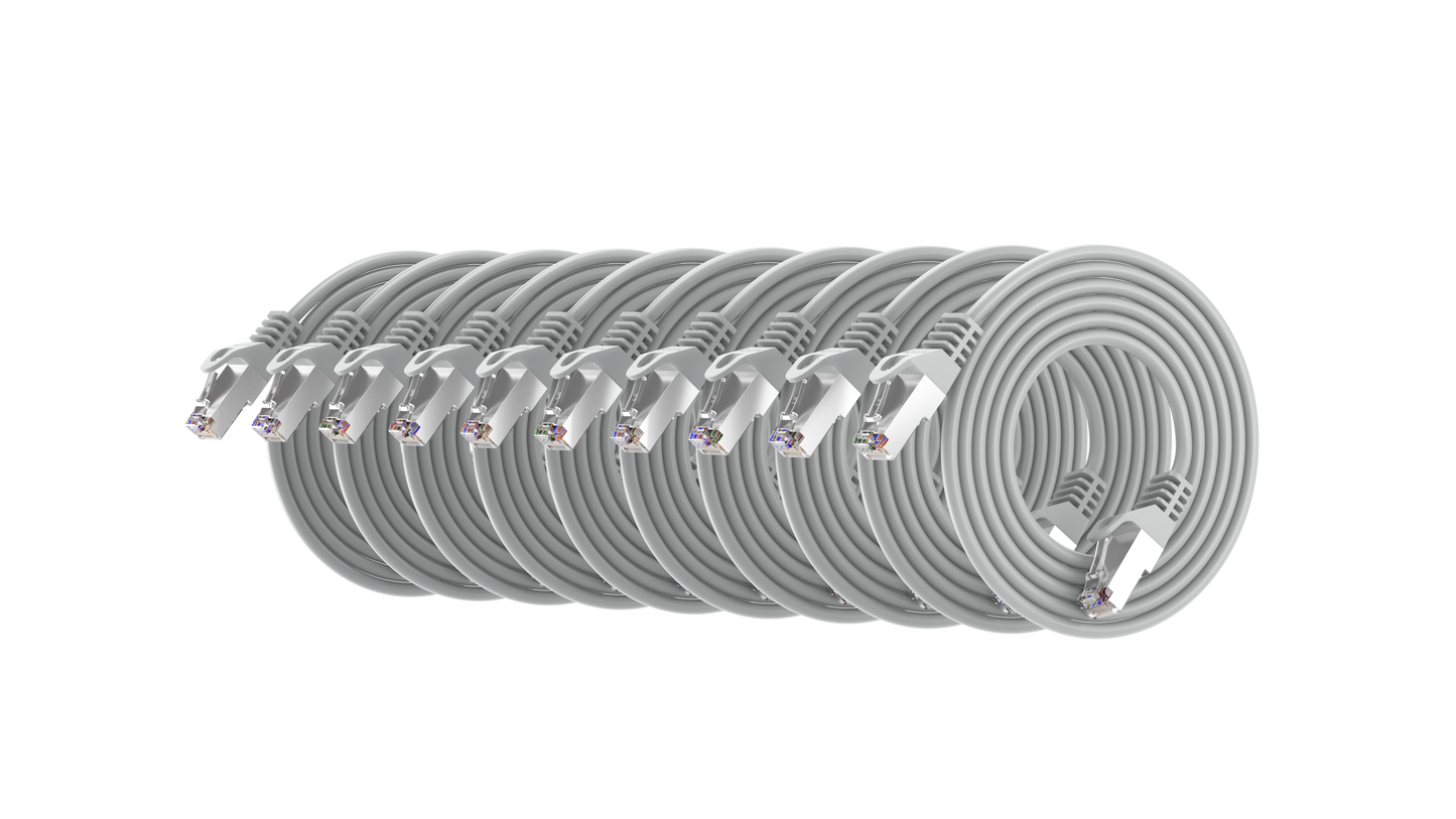 Cat6a Slim Shielded Patch Cable, 30AWG, 10G, Pure Bare Copper, Snagless RJ45, Flex Series Ethernet Cable Grey Pack of 10