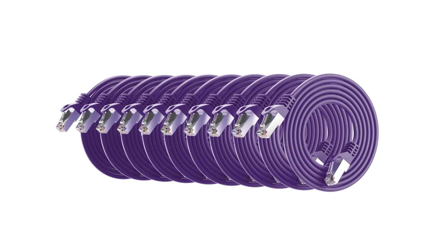 Cat6a Slim Shielded Patch Cable, 30AWG, 10G, Pure Bare Copper, Snagless RJ45, Flex Series Ethernet Cable Purple Pack of 10
