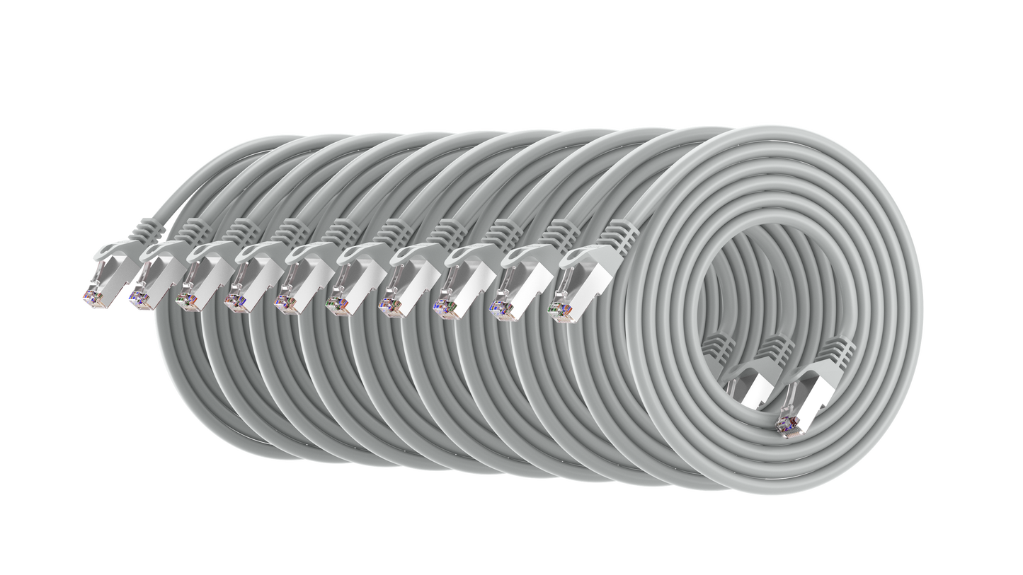 Cat6a Patch Cable, S/FTP, 26AWG, 10G, Pure Bare Copper, Snagless RJ45, Bend Series Ethernet Cable Grey Pack of 10