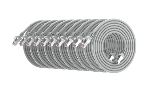 Cat6a Patch Cable, S/FTP, 26AWG, 10G, Pure Bare Copper, Snagless RJ45, Bend Series Ethernet Cable Grey Pack of 10