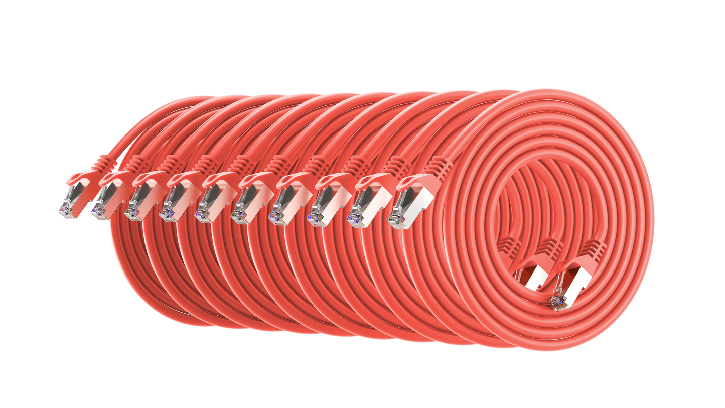 Cat6a Patch Cable, S/FTP, 26AWG, 10G, Pure Bare Copper, Snagless RJ45, Bend Series Ethernet Cable Red Pack of 10
