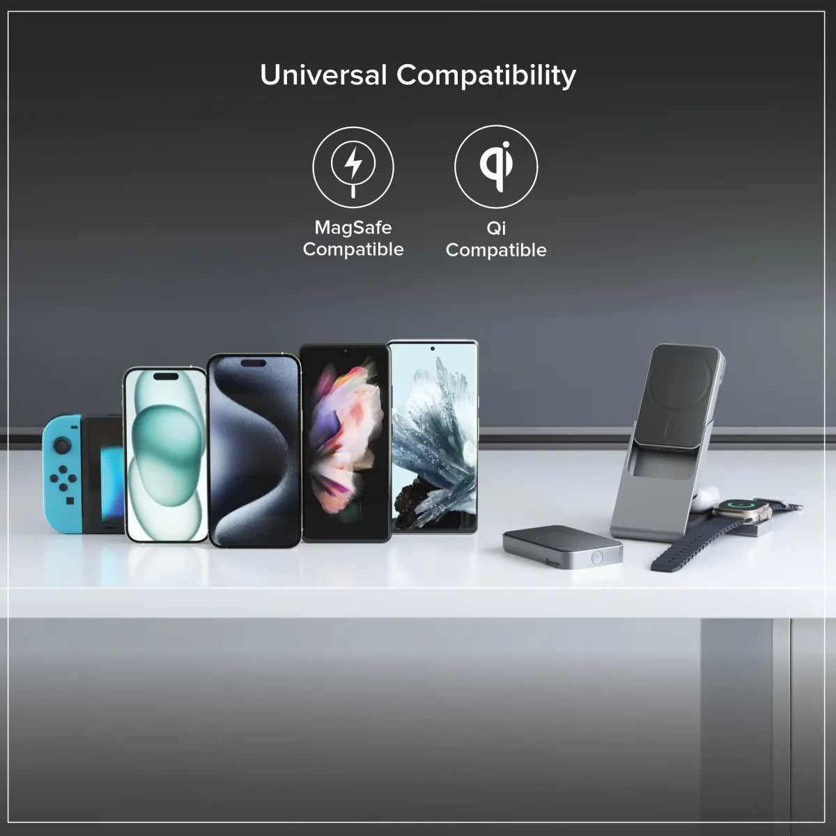 Matrix+ 3-in-1 Magnetic Charging Dock with Apple Watch Charger for iPhone 16-12 , Apple Watch, Airpods , Charging Station for Apple Devices with 5000mAH Wireless Power Bank & 30W Multi Country Power Adapter.