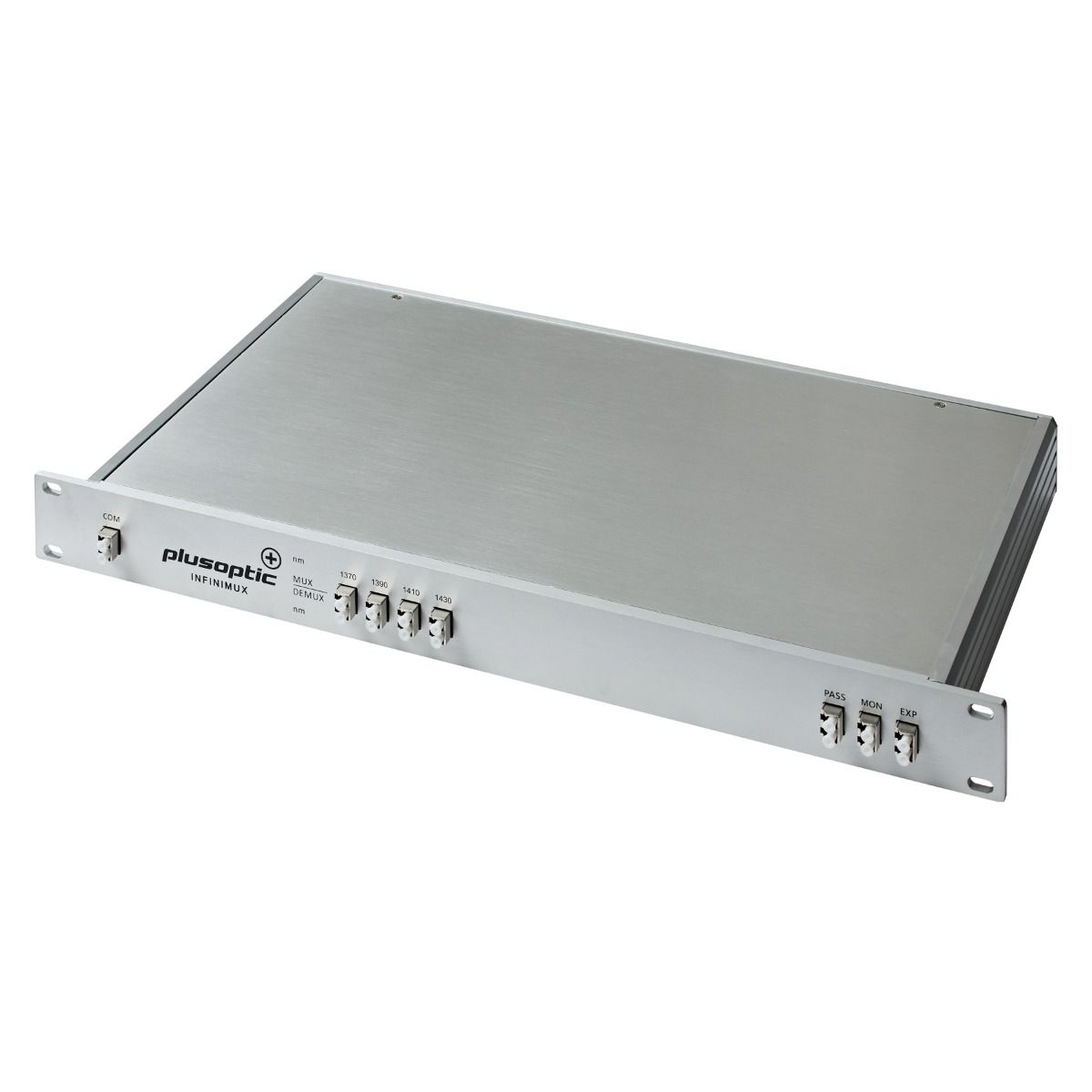 Plusoptic Infinimux, 4 Channel Dual Core CWDM Mux / Demux 1RU 19" chassis. Includes a 1310nm Pass Port, Expansion Port and Monitoring Port