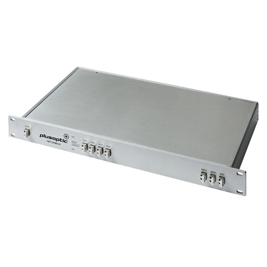 Plusoptic Infinimux, 4 Channel Dual Core CWDM Mux / Demux 1RU 19" chassis. Includes a 1310nm Pass Port, Expansion Port and Monitoring Port