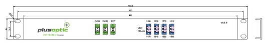 PlusOptic 8 Channel (1470,1490,1510,1530,1550,1570,1590,1610nm) Single Core SCA CWDM Mux / Demux 1RU 19" chassis with SCA 1310nm Pass Through Port and 4 x LC Duplex ports - Side B. MD-8CH-1RU-CWDM-1310-LCSX-B